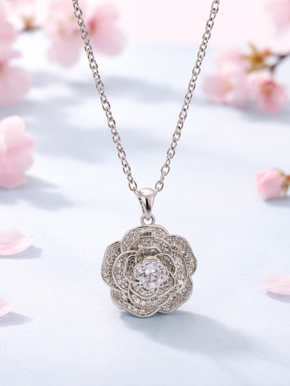 Rose Flower Lab Diamond Pendant Singapore 16” Chain NEW! - Picture 11 of 12
